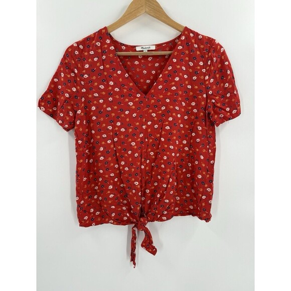 Madewell Womens XSMALL Tie Front Blouse Red Floral Short Sleeve V-Neck Viscose - Picture 4 of 10